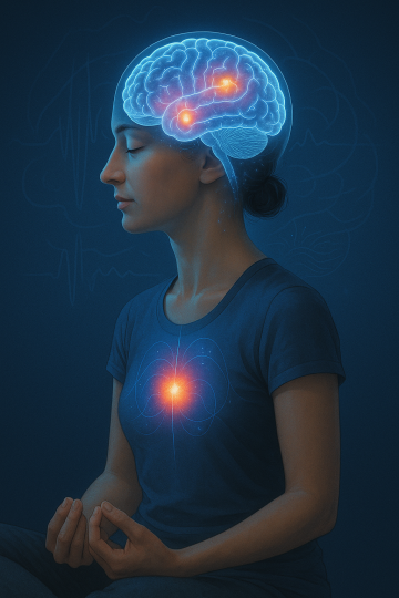 Una persona meditando con el cerebro iluminado en varias zonas, visualización científica de la amígdala y el córtex prefrontal. Fondo azul oscuro, estilo realista-científico, con efectos visuales modernos (sin exagerar lo místico).