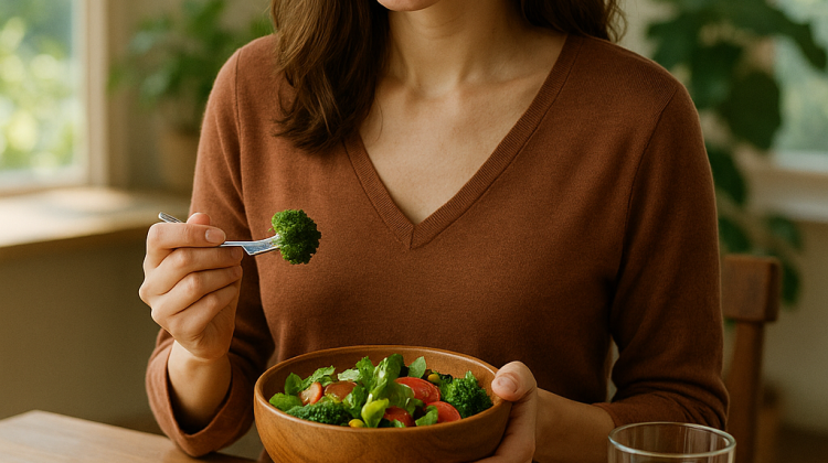Una persona comiendo con atención plena en una mesa sencilla, con alimentos frescos y naturales. Fondo cálido, naturaleza presente, y detalles que aluden al 2025 (como apps nutritivas sutiles o gráficos de bienestar). Estilo moderno, realista y armónico.